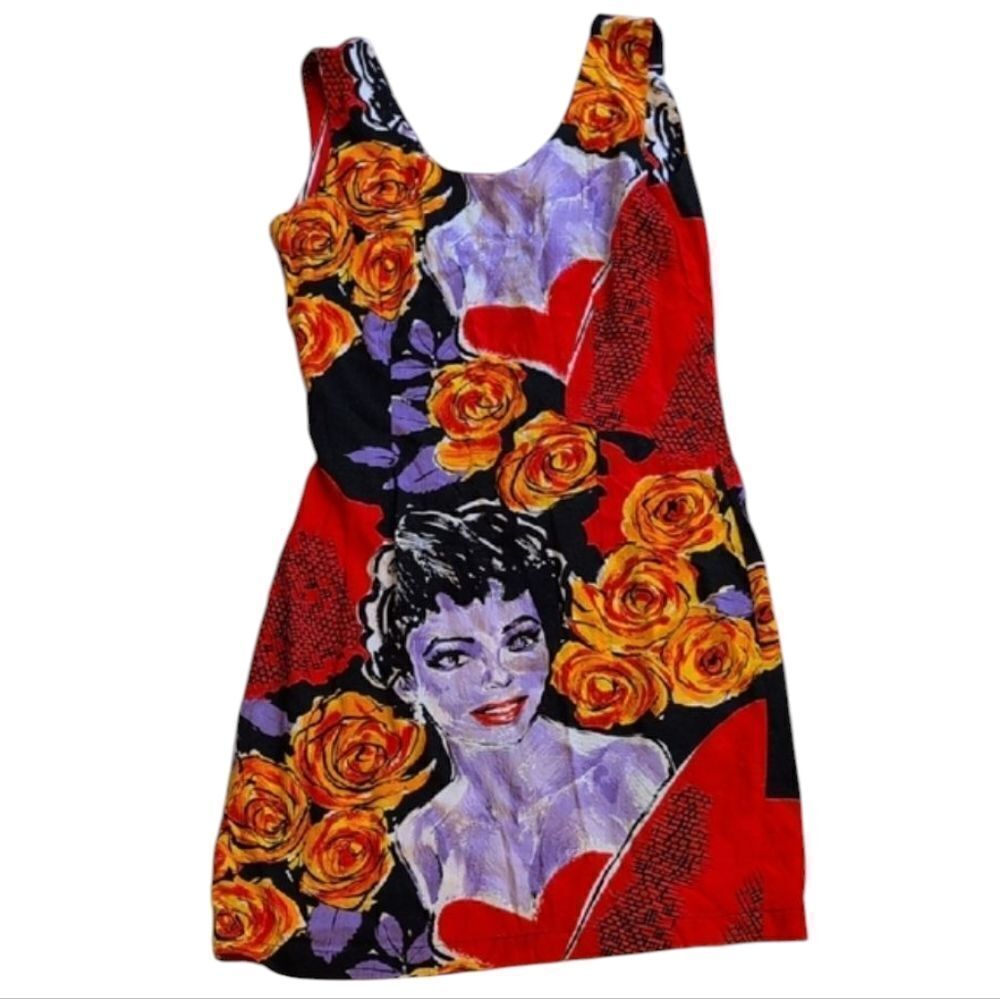 Rare JAMS WORLD Vintage Colorful Woman Roses Art ARCHIVE Rayon Dress Size S / 7